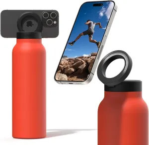 Ringo Insulated Water Bottle | Compatible MagSafe Water Bottle With Phone Holder | Stainless Steel Water Bottle With Magnetic Phone Tripod Mount | Hot for 12H, Cold for 24H, 360° Rotate - Orange 24oz