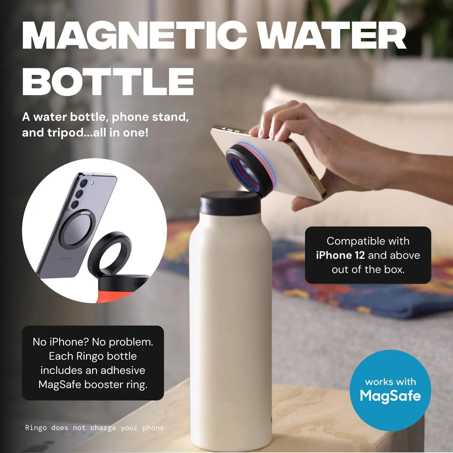 Ringo Insulated Water Bottle | Compatible MagSafe Water Bottle With Phone Holder | Stainless Steel Water Bottle With Magnetic Phone Tripod Mount | Hot for 12H, Cold for 24H, 360° Rotate - Orange 24oz