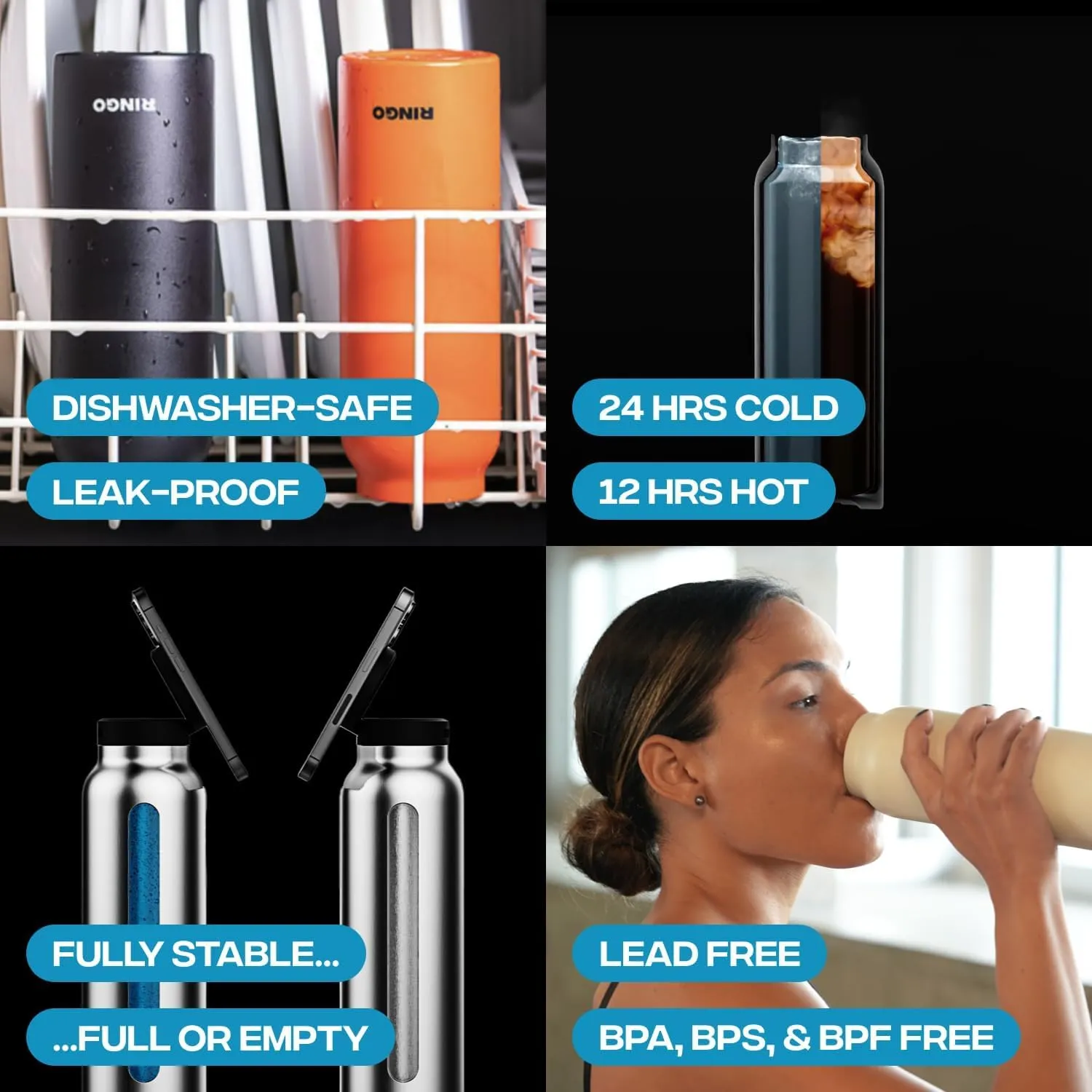 Ringo Insulated Water Bottle | Compatible MagSafe Water Bottle With Phone Holder | Stainless Steel Water Bottle With Magnetic Phone Tripod Mount | Hot for 12H, Cold for 24H, 360° Rotate - Orange 24oz