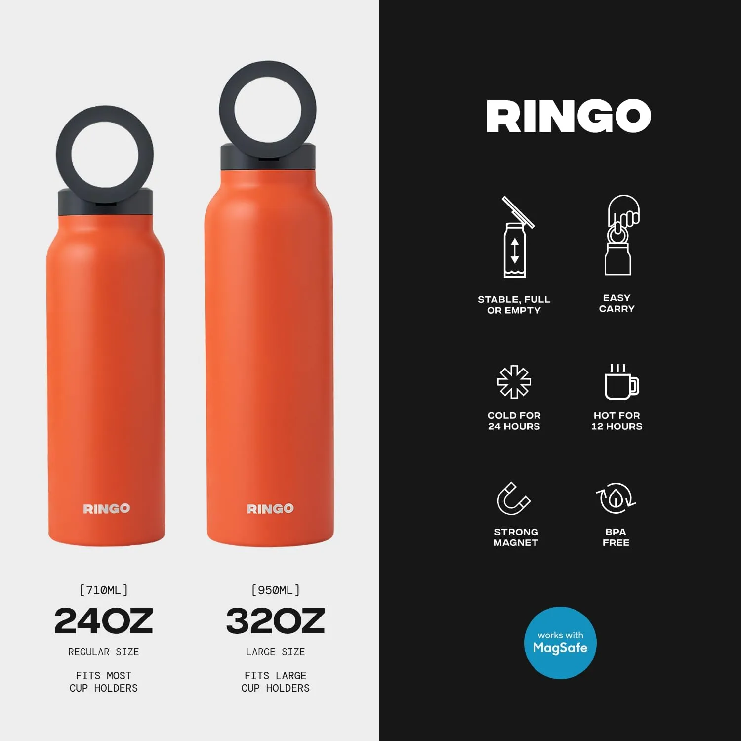 Ringo Insulated Water Bottle | Compatible MagSafe Water Bottle With Phone Holder | Stainless Steel Water Bottle With Magnetic Phone Tripod Mount | Hot for 12H, Cold for 24H, 360° Rotate - Orange 24oz