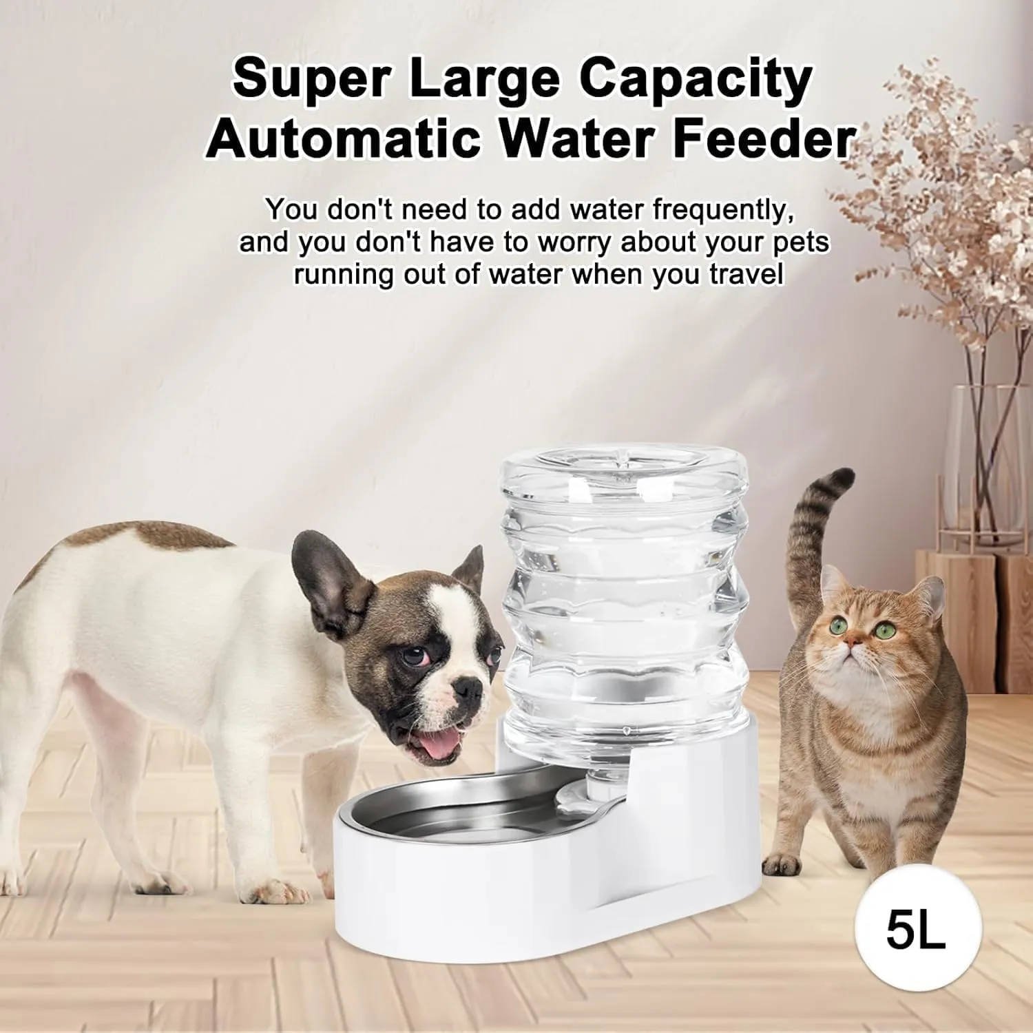 RIZZARI Automatic 5L Pet Waterer, Gravity Stainless Steel Water Dispenser, 100% BPA-Free, Large Capacity Water Feeder for Cats and Small and Medium-Sized Dogs