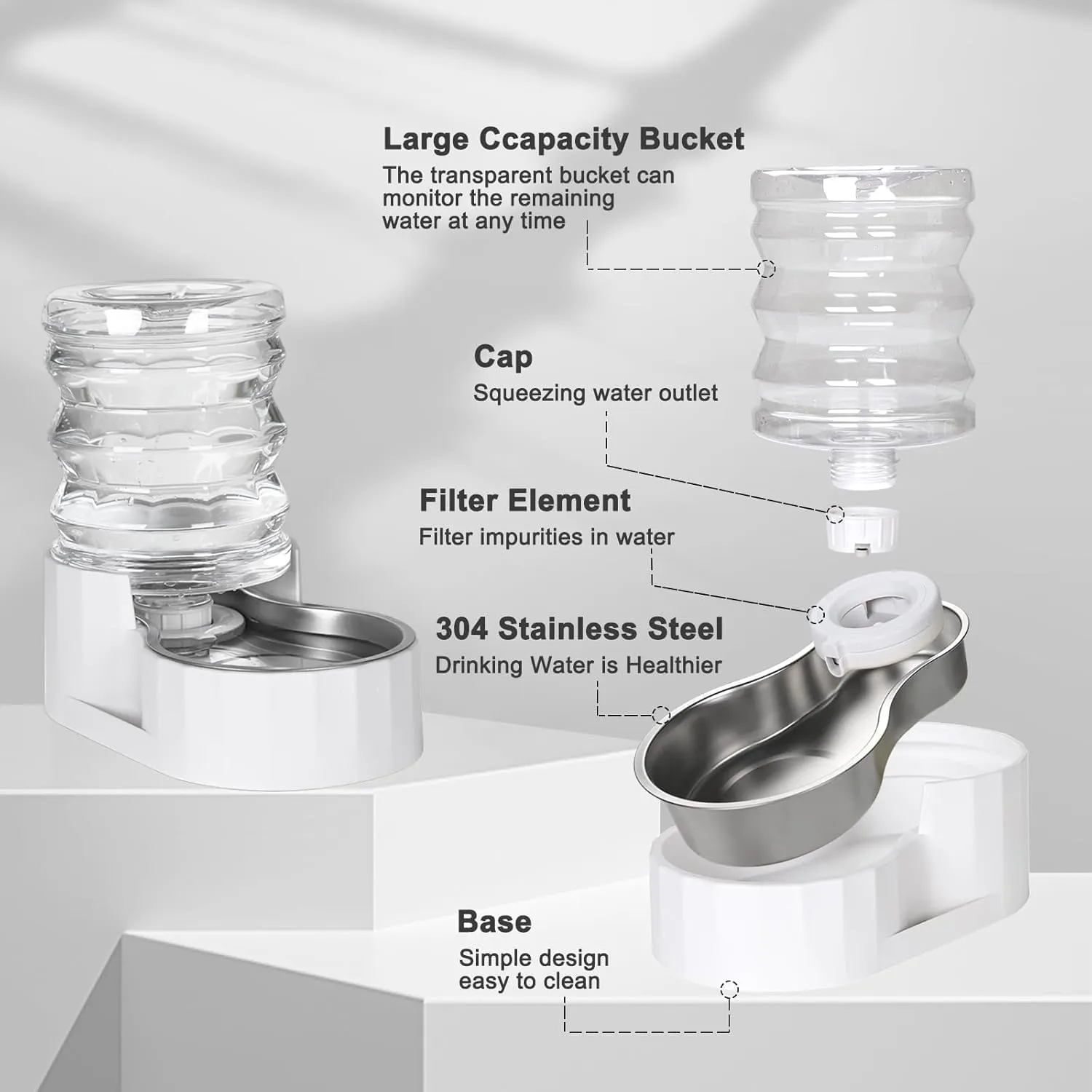 RIZZARI Automatic 5L Pet Waterer, Gravity Stainless Steel Water Dispenser, 100% BPA-Free, Large Capacity Water Feeder for Cats and Small and Medium-Sized Dogs
