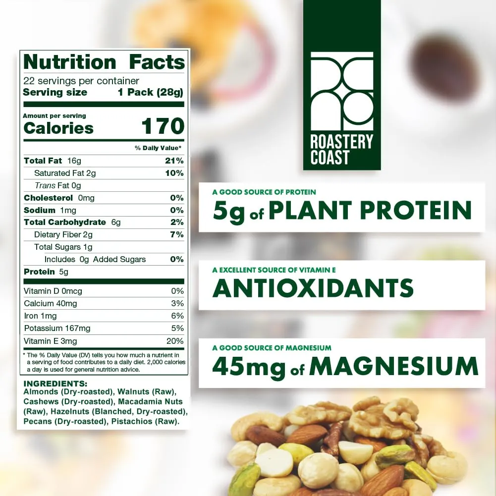 Roastery Coast - Daily Nuts Original Mixed Nuts | Mixed Nuts Snack Packs | Individually wrapped snacks | Unsalted Mixed Nuts | Nut Snacks | No peanuts | Deluxe assorted snack (22 Packs)
