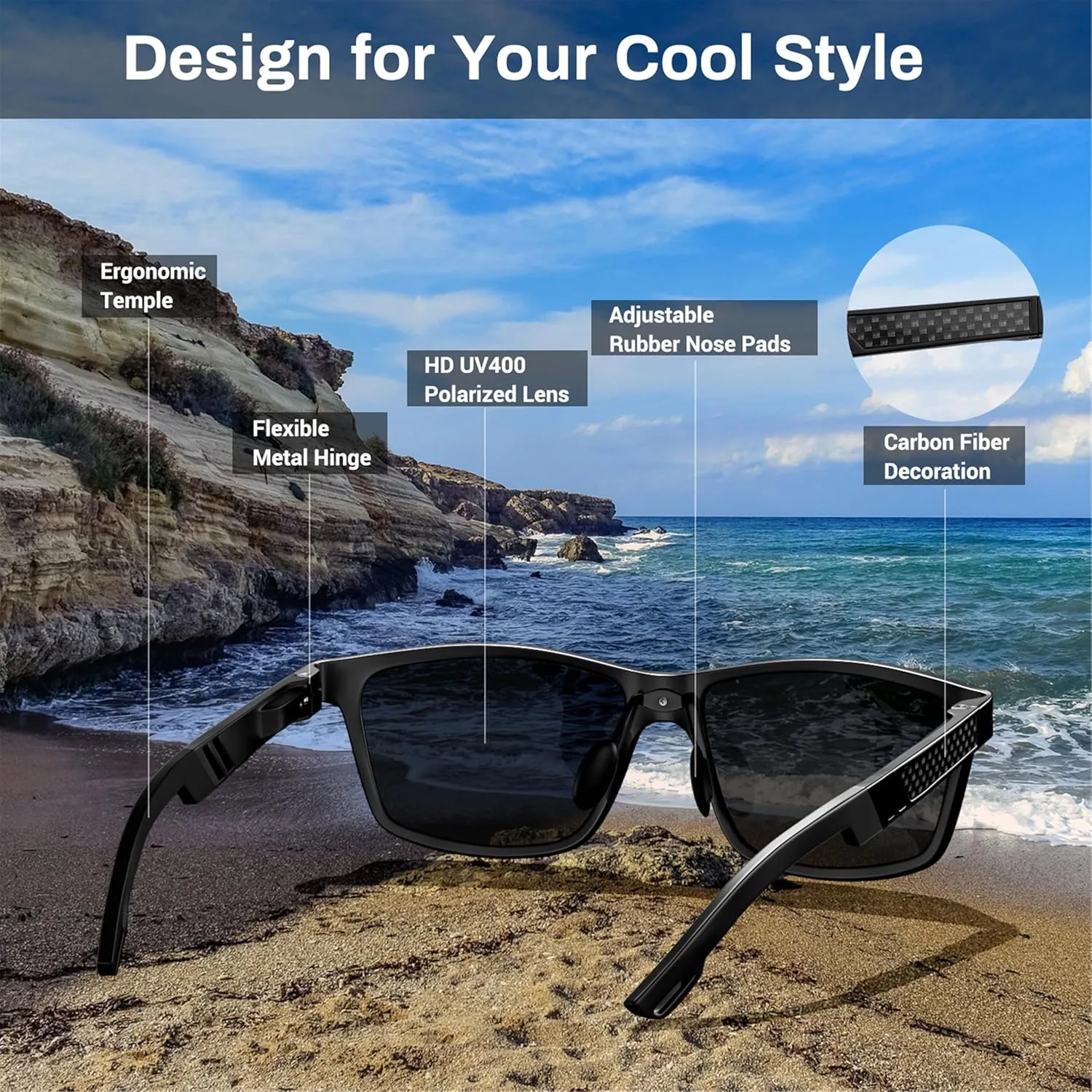 ROCKNIGHT HD Driving Sunglasses Men Polarized UV Protection Al-Mg Metal Frame Lightweight Flat Lens Hiking Fishing