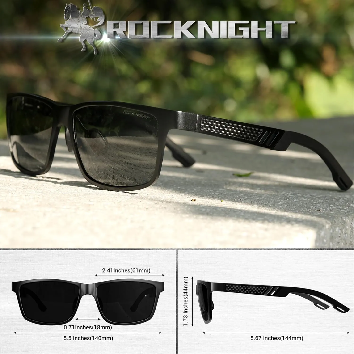 ROCKNIGHT HD Driving Sunglasses Men Polarized UV Protection Al-Mg Metal Frame Lightweight Flat Lens Hiking Fishing