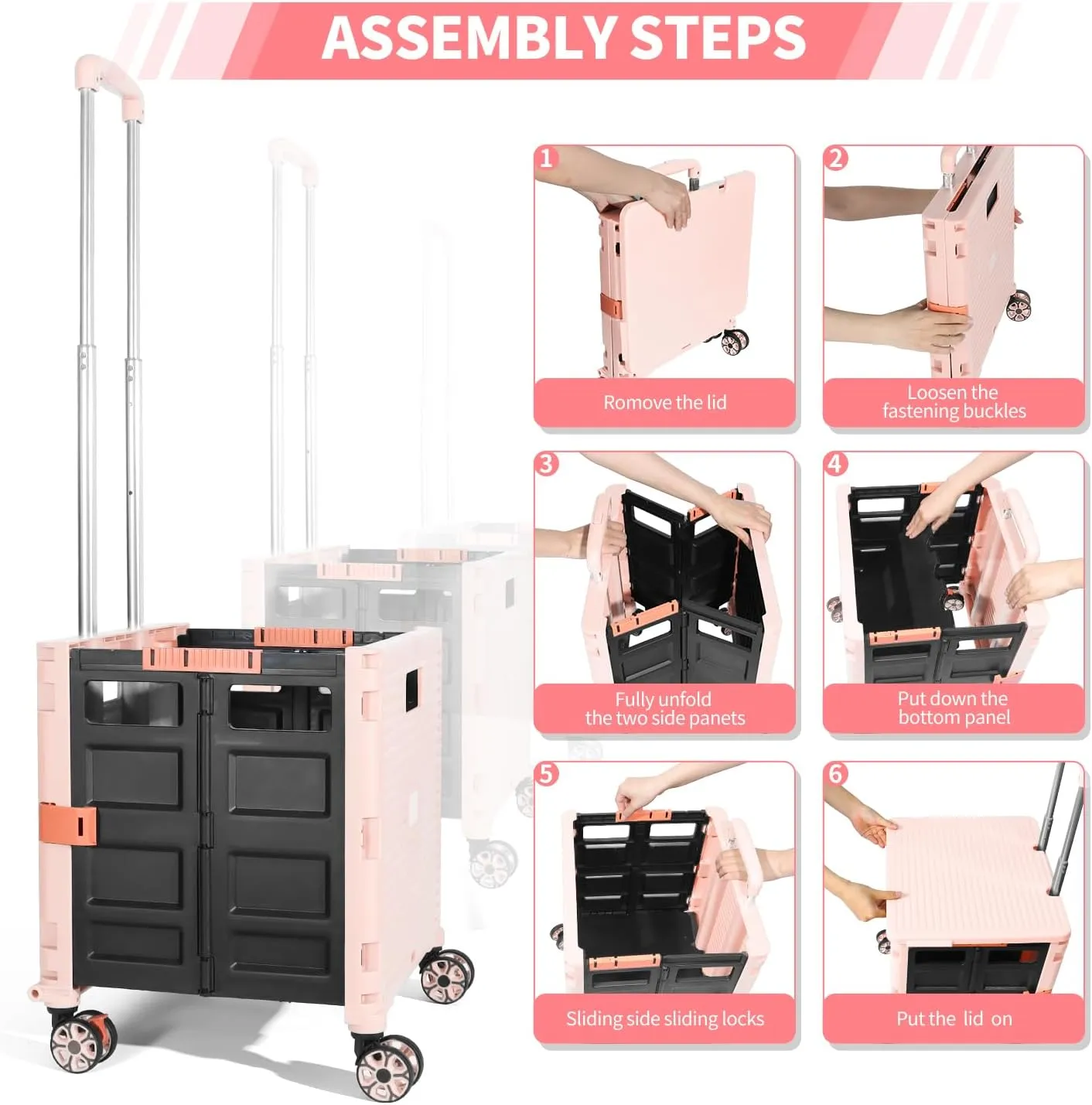 Rolling Crate Utility Cart Collapsible Tote Basket Teacher Cart with Lid Wear-Resistant Noiseless 360°Rotate Wheel Telescoping Handle for Trave Moving Luggage Use(Pink,110lbs)