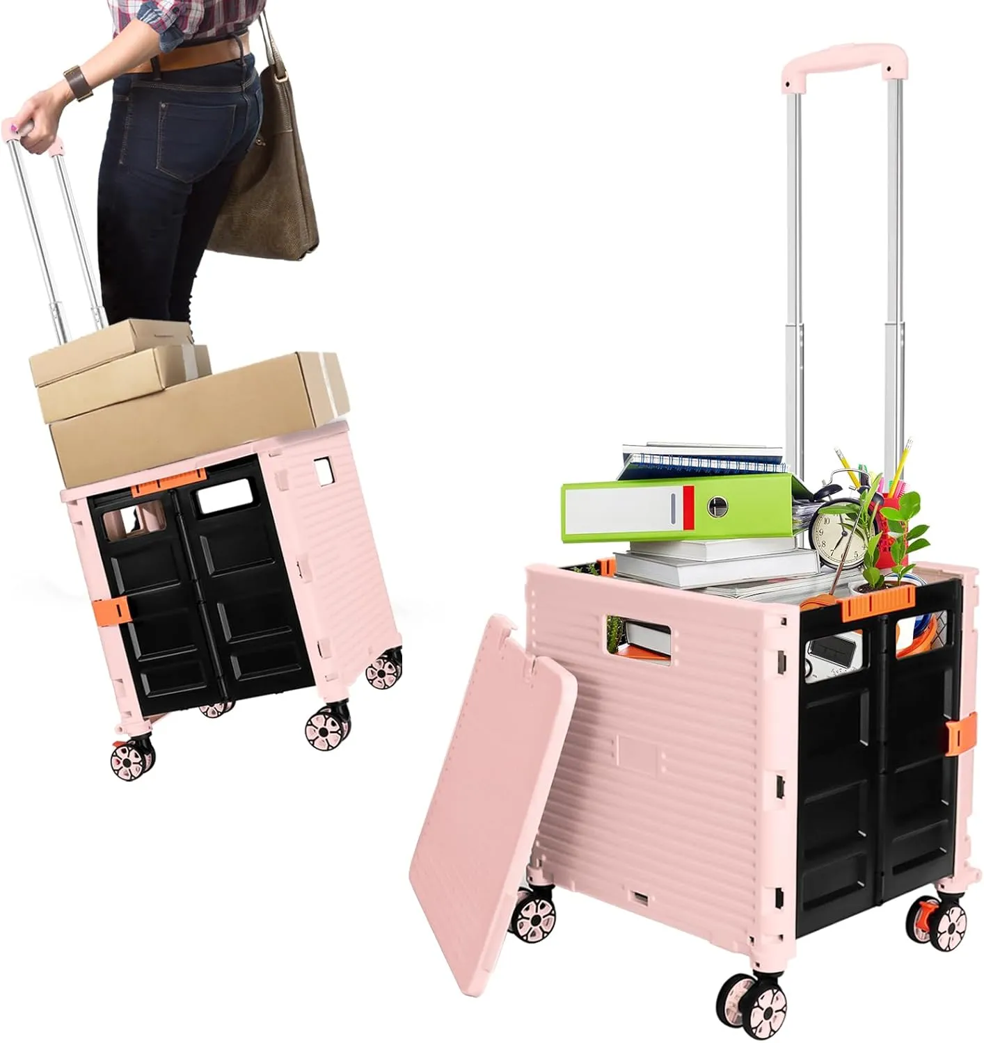 Rolling Crate Utility Cart Collapsible Tote Basket Teacher Cart with Lid Wear-Resistant Noiseless 360°Rotate Wheel Telescoping Handle for Trave Moving Luggage Use(Pink,110lbs)