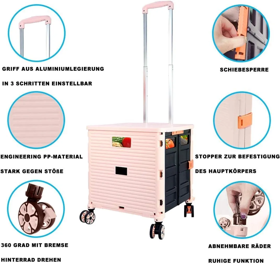 Rolling Crate Utility Cart Collapsible Tote Basket Teacher Cart with Lid Wear-Resistant Noiseless 360°Rotate Wheel Telescoping Handle for Trave Moving Luggage Use(Pink,110lbs)