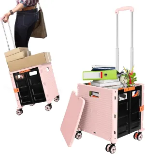 Rolling Crate Utility Cart Collapsible Tote Basket Teacher Cart with Lid Wear-Resistant Noiseless 360°Rotate Wheel Telescoping Handle for Trave Moving Luggage Use(Pink,110lbs)