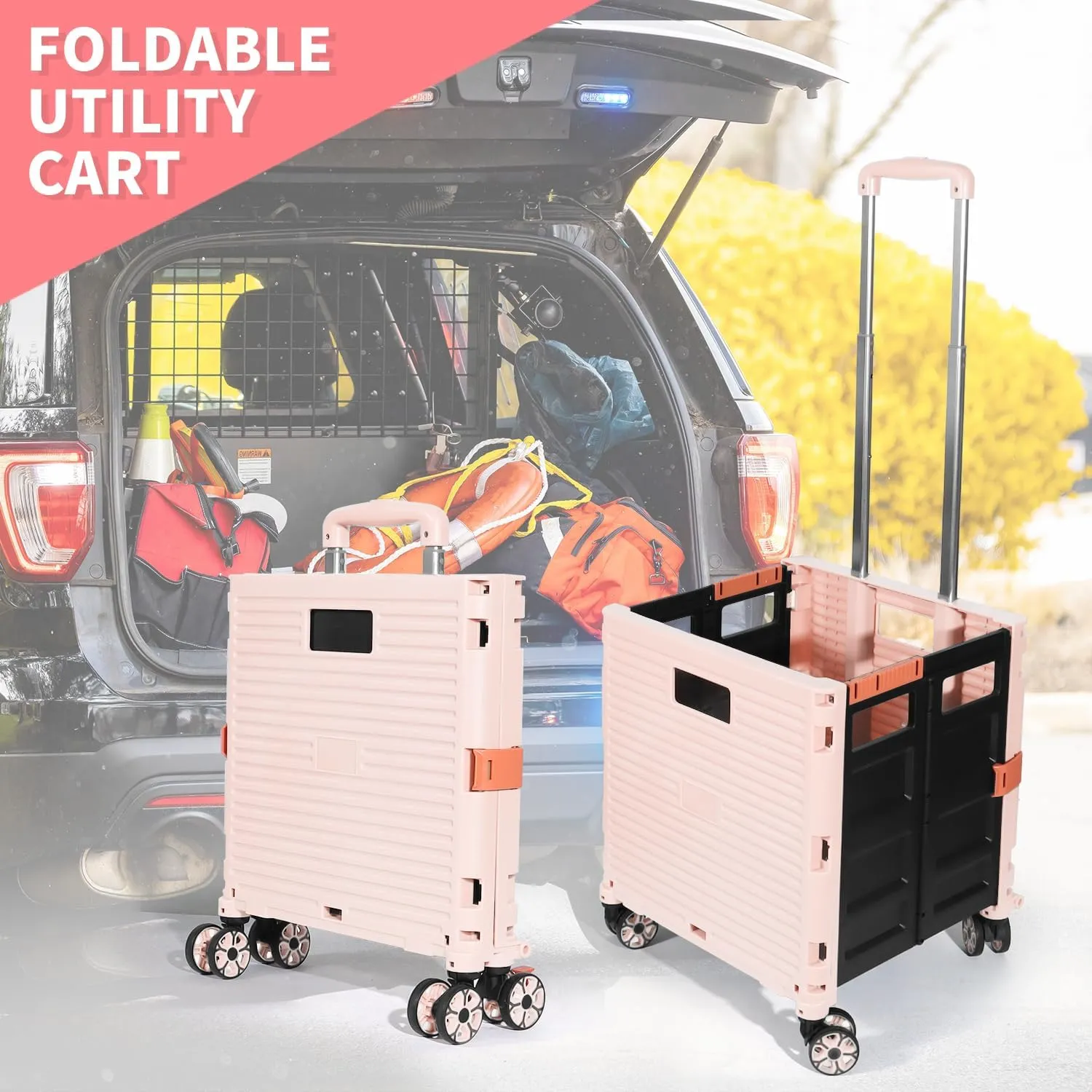 Rolling Crate Utility Cart Collapsible Tote Basket Teacher Cart with Lid Wear-Resistant Noiseless 360°Rotate Wheel Telescoping Handle for Trave Moving Luggage Use(Pink,110lbs)