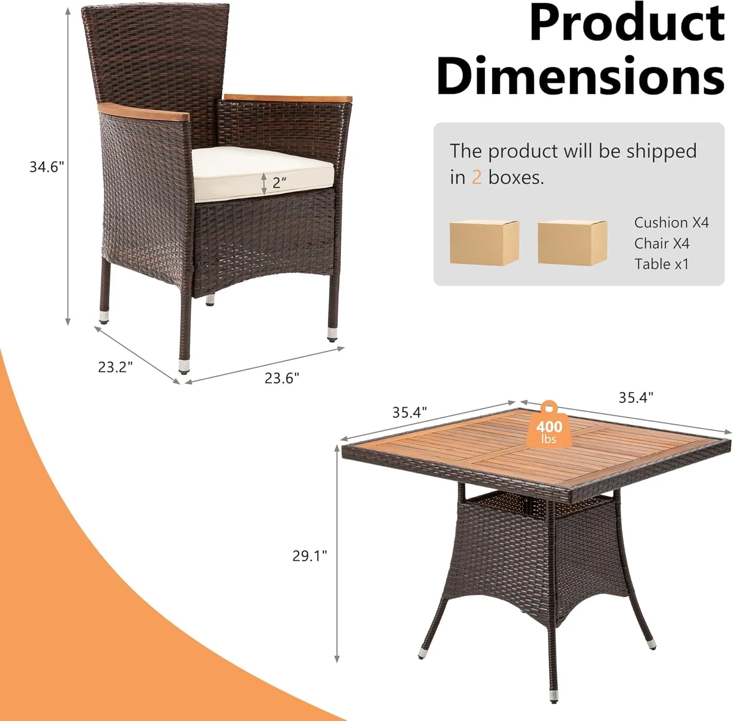 RoyalCraft 5 Piece Patio Wicker Dining Sets for 4, Water-Resistant Rattan Outdoor Dining Table and 4 Chairs with Wood Table Top, Conversation Set Removable Cushions for Deck, Garden, Backyard, Brown