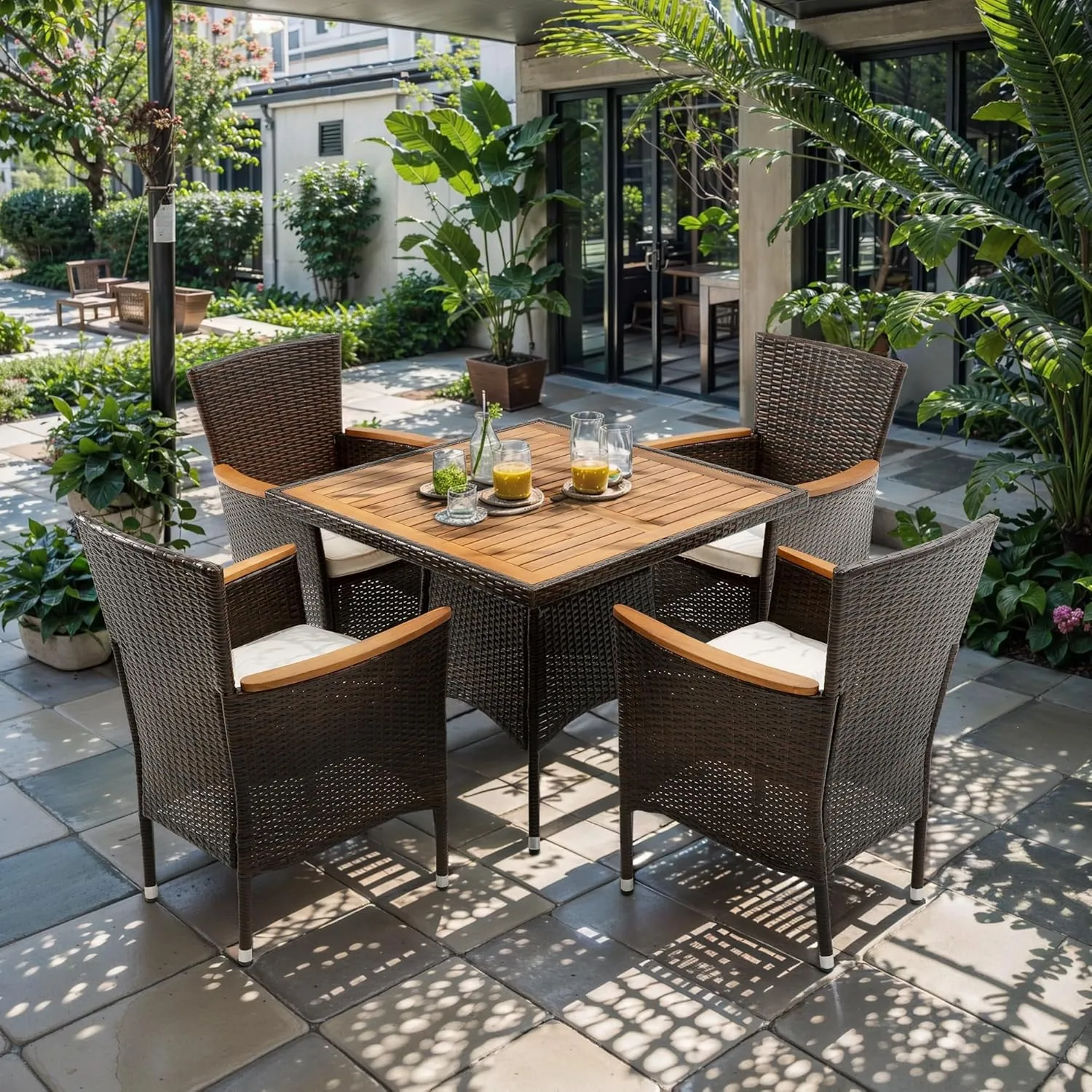 RoyalCraft 5 Piece Patio Wicker Dining Sets for 4, Water-Resistant Rattan Outdoor Dining Table and 4 Chairs with Wood Table Top, Conversation Set Removable Cushions for Deck, Garden, Backyard, Brown