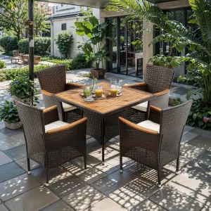 RoyalCraft 5 Piece Patio Wicker Dining Sets for 4, Water-Resistant Rattan Outdoor Dining Table and 4 Chairs with Wood Table Top, Conversation Set Removable Cushions for Deck, Garden, Backyard, Brown