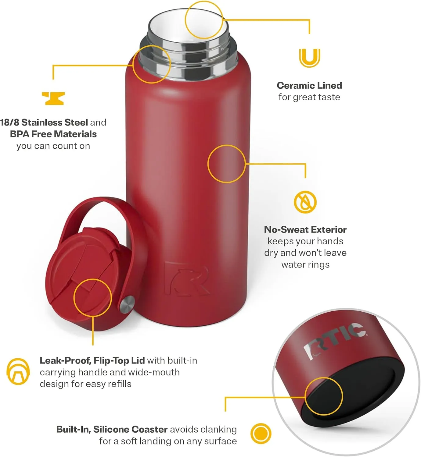 RTIC 32oz Outback Bottle, Insulated, Stainless Steel, Metal, Double Wall Vacuum-Insulation, Ceramic Lined, Leak-Proof Lid, BPA-Free Water Flask for Hiking, Running, Sports, Outdoor, Flag Red