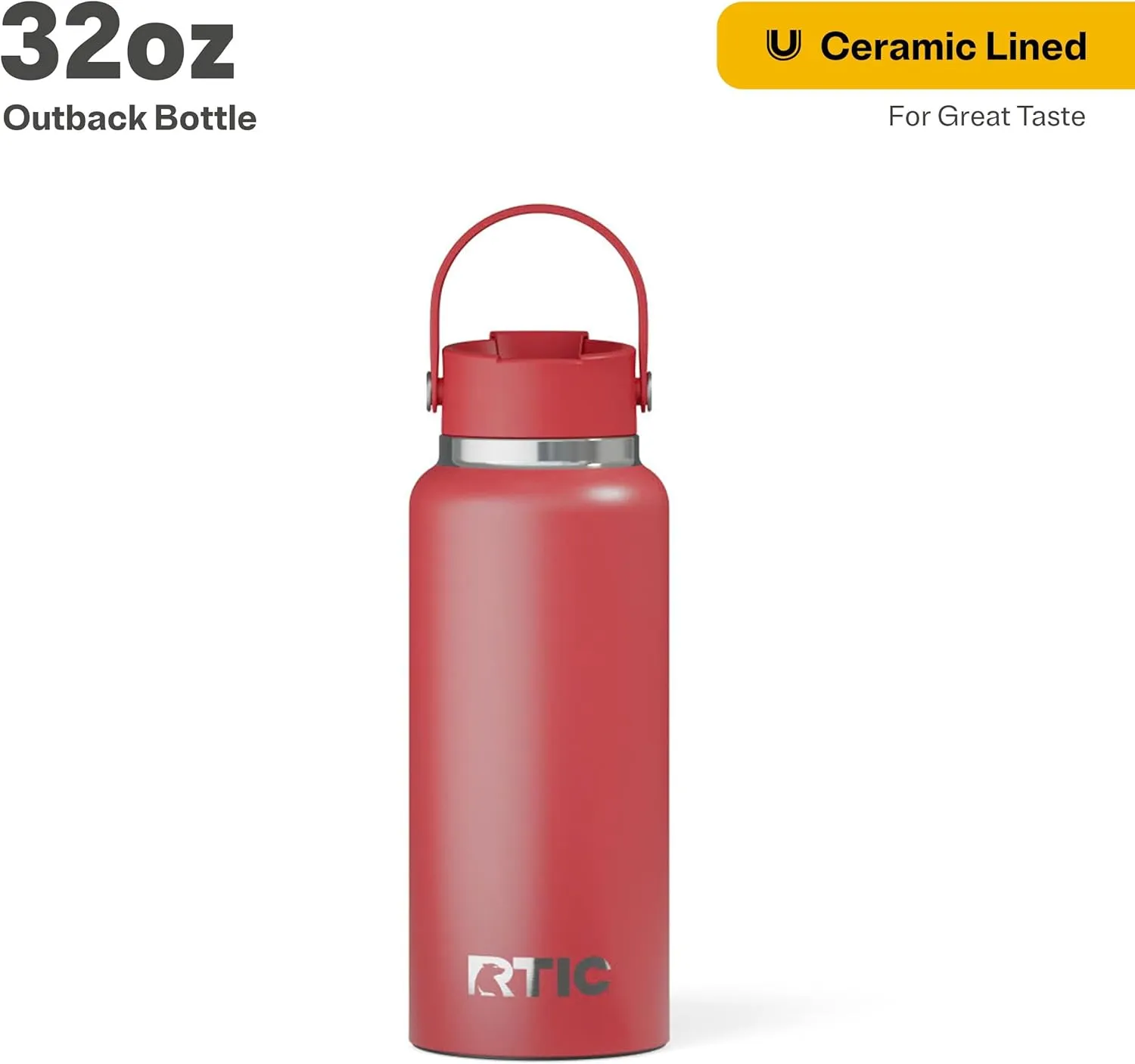 RTIC 32oz Outback Bottle, Insulated, Stainless Steel, Metal, Double Wall Vacuum-Insulation, Ceramic Lined, Leak-Proof Lid, BPA-Free Water Flask for Hiking, Running, Sports, Outdoor, Flag Red