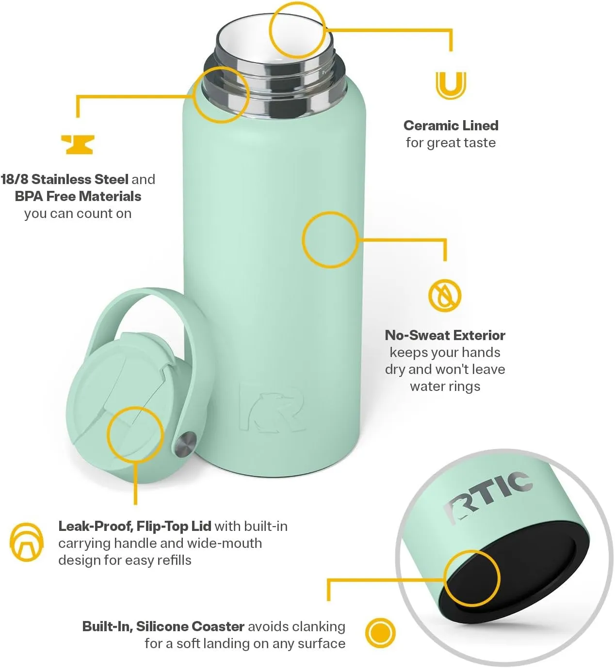 RTIC 32oz Outback Bottle, Insulated, Stainless Steel, Metal, Double Wall Vacuum-Insulation, Ceramic Lined, Leak-Proof Lid, BPA-Free Water Flask for Hiking, Running, Sports, Outdoor, Fresh Mint