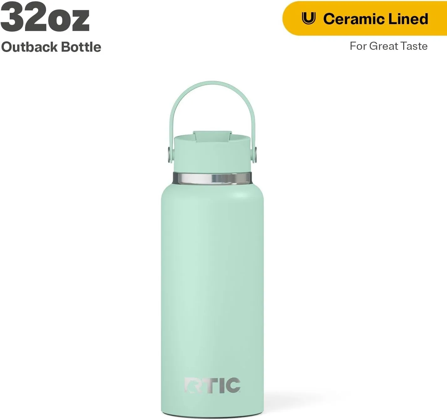 RTIC 32oz Outback Bottle, Insulated, Stainless Steel, Metal, Double Wall Vacuum-Insulation, Ceramic Lined, Leak-Proof Lid, BPA-Free Water Flask for Hiking, Running, Sports, Outdoor, Fresh Mint