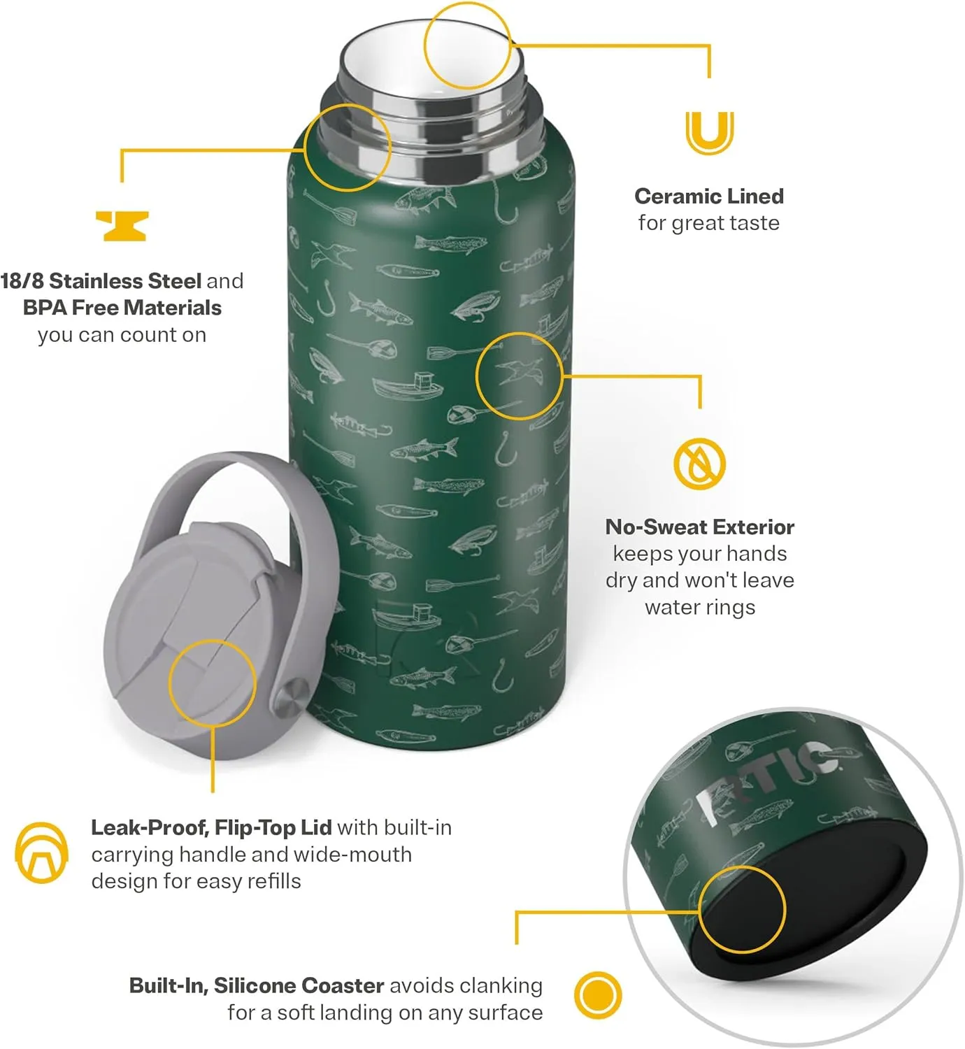 RTIC 32oz Outback Bottle, Insulated, Stainless Steel, Metal, Double Wall Vacuum-Insulation, Ceramic Lined, Leak-Proof Lid, BPA-Free Water Flask for Hiking, Running, Sports, Outdoor, Gone Fishin