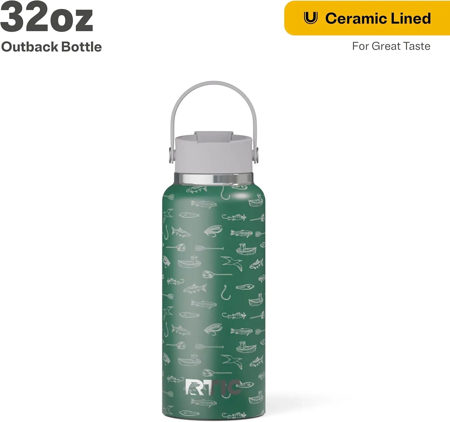 RTIC 32oz Outback Bottle, Insulated, Stainless Steel, Metal, Double Wall Vacuum-Insulation, Ceramic Lined, Leak-Proof Lid, BPA-Free Water Flask for Hiking, Running, Sports, Outdoor, Gone Fishin