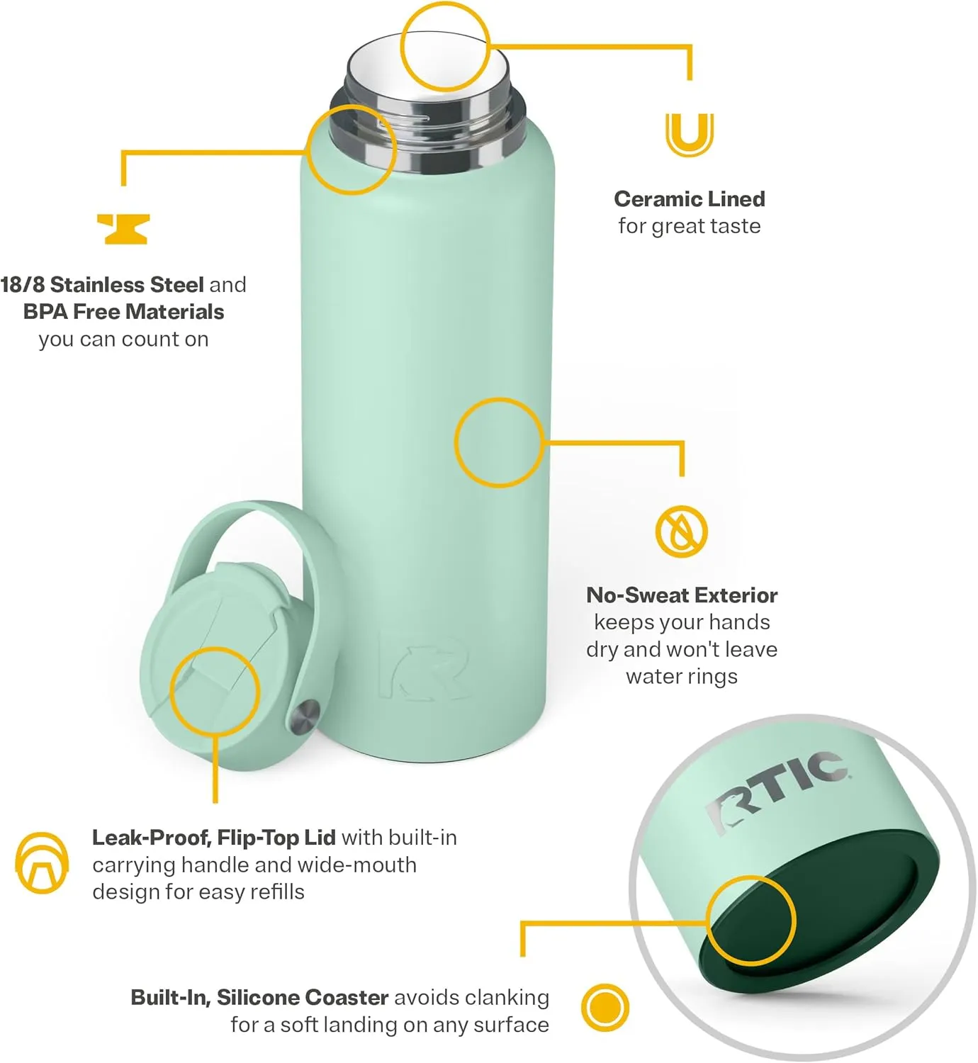 RTIC 40oz Outback Bottle, Insulated, Stainless Steel, Metal, Double Wall Vacuum-Insulation, Ceramic Lined, Leak-Proof Lid, BPA-Free Water Flask for Hiking, Running, Sports, Outdoor, Fresh Mint