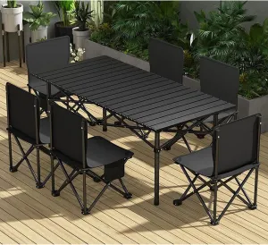 RUANLOV Aluminum Folding Chair Portable Camping Folding Chairs and Tables Set, with Carrying Bag, Camping Table, Fold up Lightweight, Portable Roll up Aluminum Table (B 120cm with 6 Chairs)