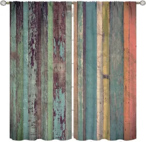 Rustic Farms Style Window Curtains,Vintage Colorful Wooden Boards Background Room Darkening Door Window Rod Pocket Curtains for Living Room Kitchen Bedroom,2 Panels W42xL45in