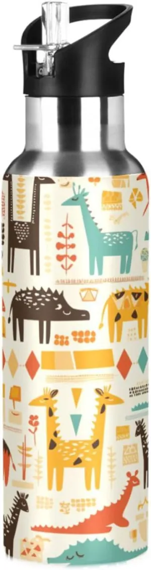 Safari Animals Insulated Water Bottle with Straw & Lid 22oz BPA Free Leakproof Stainless Steel Water Bottle Vacuum Double Wall Wide Mouth Sports Cup