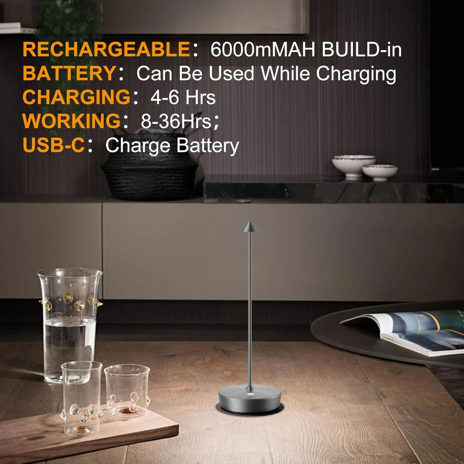 SAKRINGT 2 Pack Cordless Table Lamps Rechargeable, 6000mAh Battery Operated Waterproof Stepless Dimming Modern Portable LED Table Light for Restaurant Dining Patio Outdoor