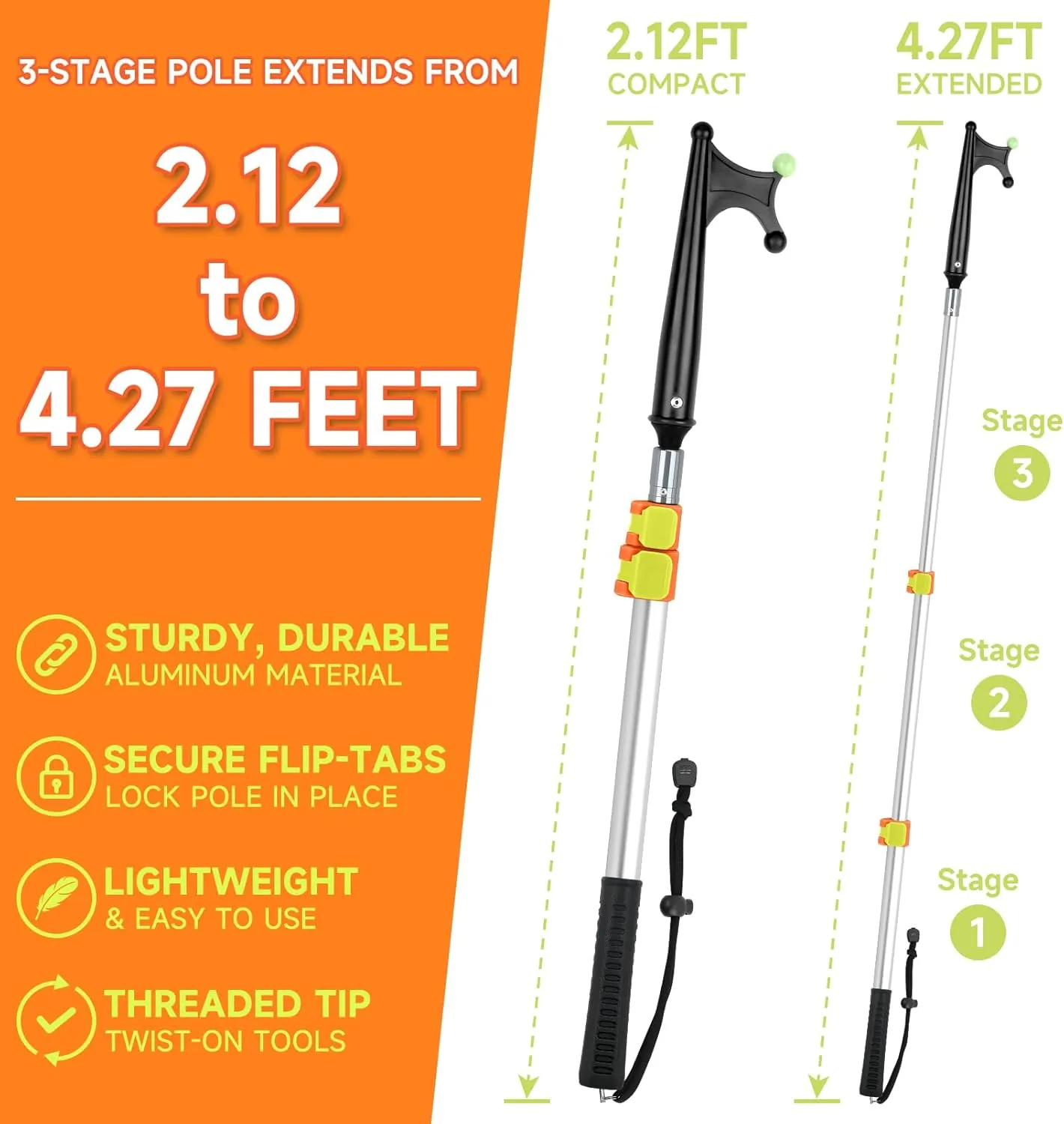 SAN LIKE Boat Hook with Telescoping Extension Pole,Durable Floating Lightweight and Sturdy Aluminum Boat Pole with Luminous Bead,Boating Accessories Non-Slip Push Pole for Docking