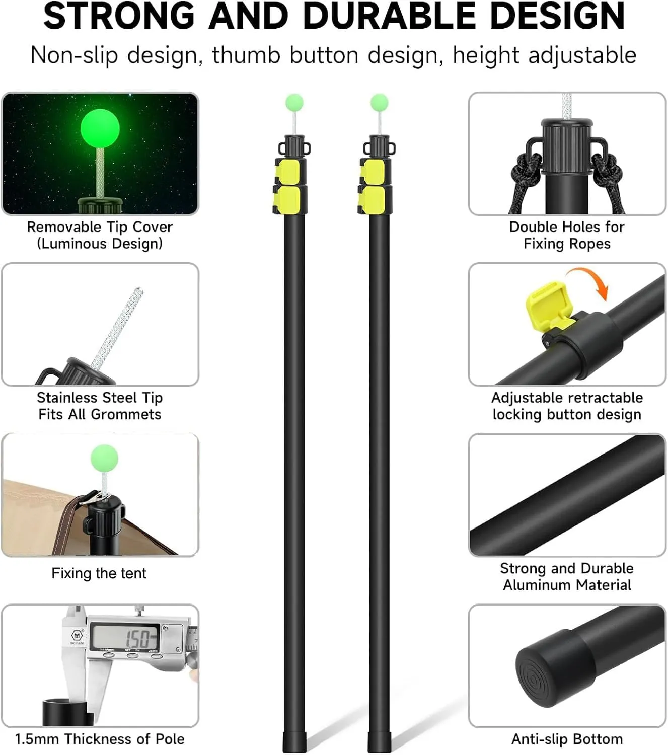 SANLIKE Tarp Poles Heavy Duty Telescoping 97" Adjustable Aviation Aluminum Canopy Rods Lengthen Thicken with Protection Cap Portable Poles for Tent Fly Awning Camping Hiking Set of 2