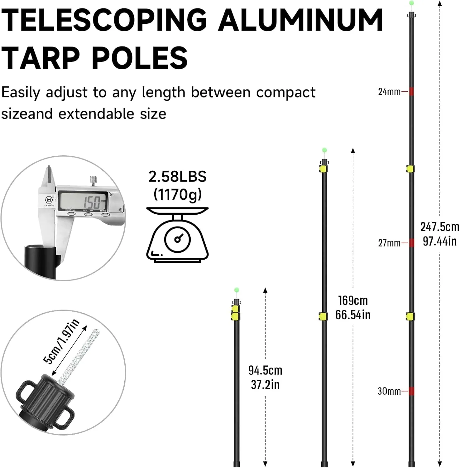 SANLIKE Tarp Poles Heavy Duty Telescoping 97" Adjustable Aviation Aluminum Canopy Rods Lengthen Thicken with Protection Cap Portable Poles for Tent Fly Awning Camping Hiking Set of 2
