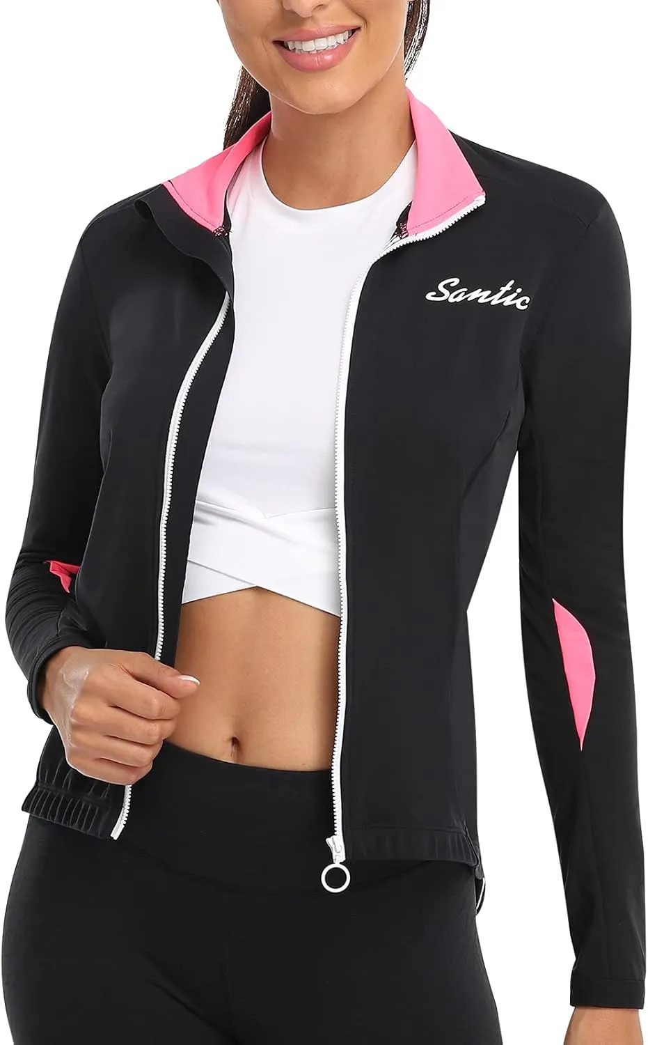 Santic Women's Cycling Jacket Thermal Windproof Windbreaker Reflective Lightweight with Pockets for Biking Running