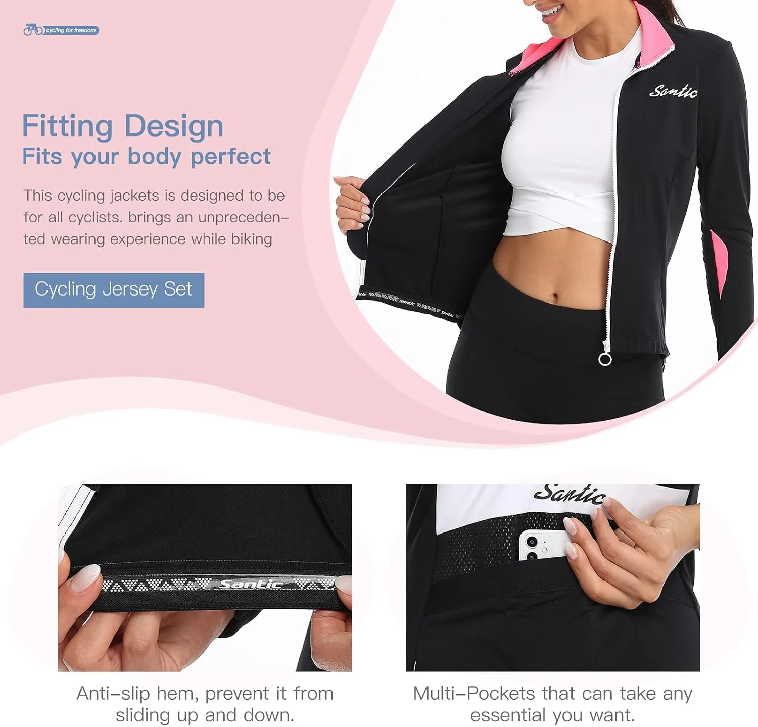 Santic Women's Cycling Jacket Thermal Windproof Windbreaker Reflective Lightweight with Pockets for Biking Running