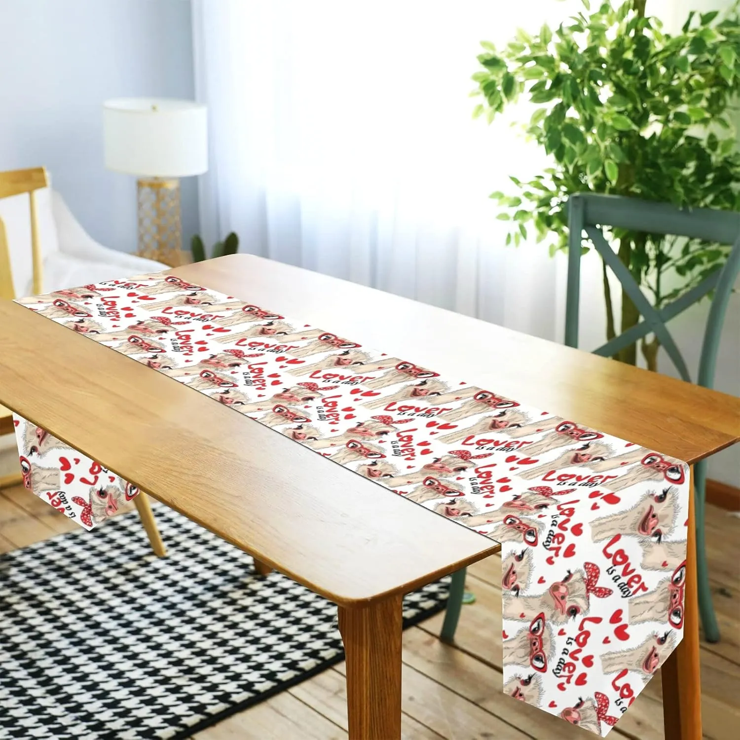 Seamless Ostriches with Red Glasses Hairpins Lover is a Day 14" X 108" Rectangle Table Runner Long Tablecloth Placemat for Party Home Decor Indoor Outdoor Office Kitchen Dining Wedding