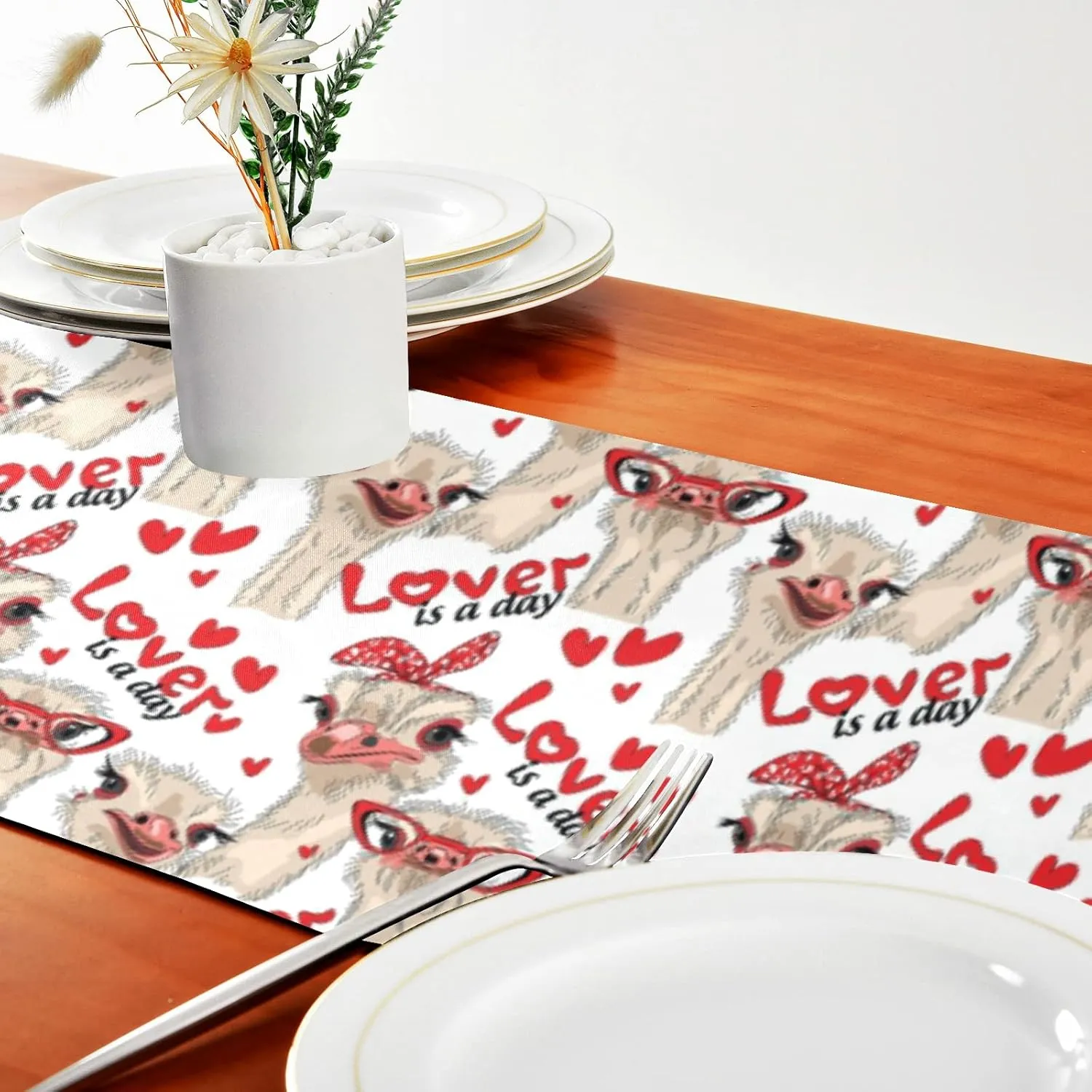 Seamless Ostriches with Red Glasses Hairpins Lover is a Day 14" X 108" Rectangle Table Runner Long Tablecloth Placemat for Party Home Decor Indoor Outdoor Office Kitchen Dining Wedding