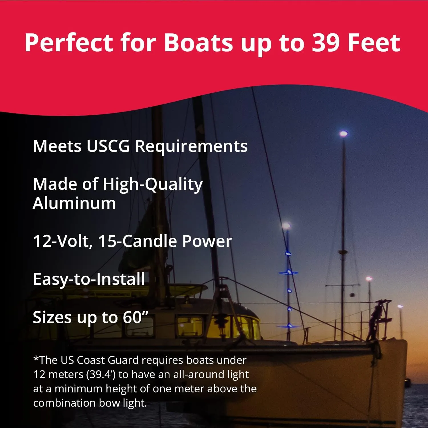 SeaSense Telescoping All-Round Stern Light - - 2 Nautical Mile Range - Adjustable, Stowable Chrome Light for Boats, Kayaks, Canoes & Pontoons up to 39 Feet - Meets USCG Requirements