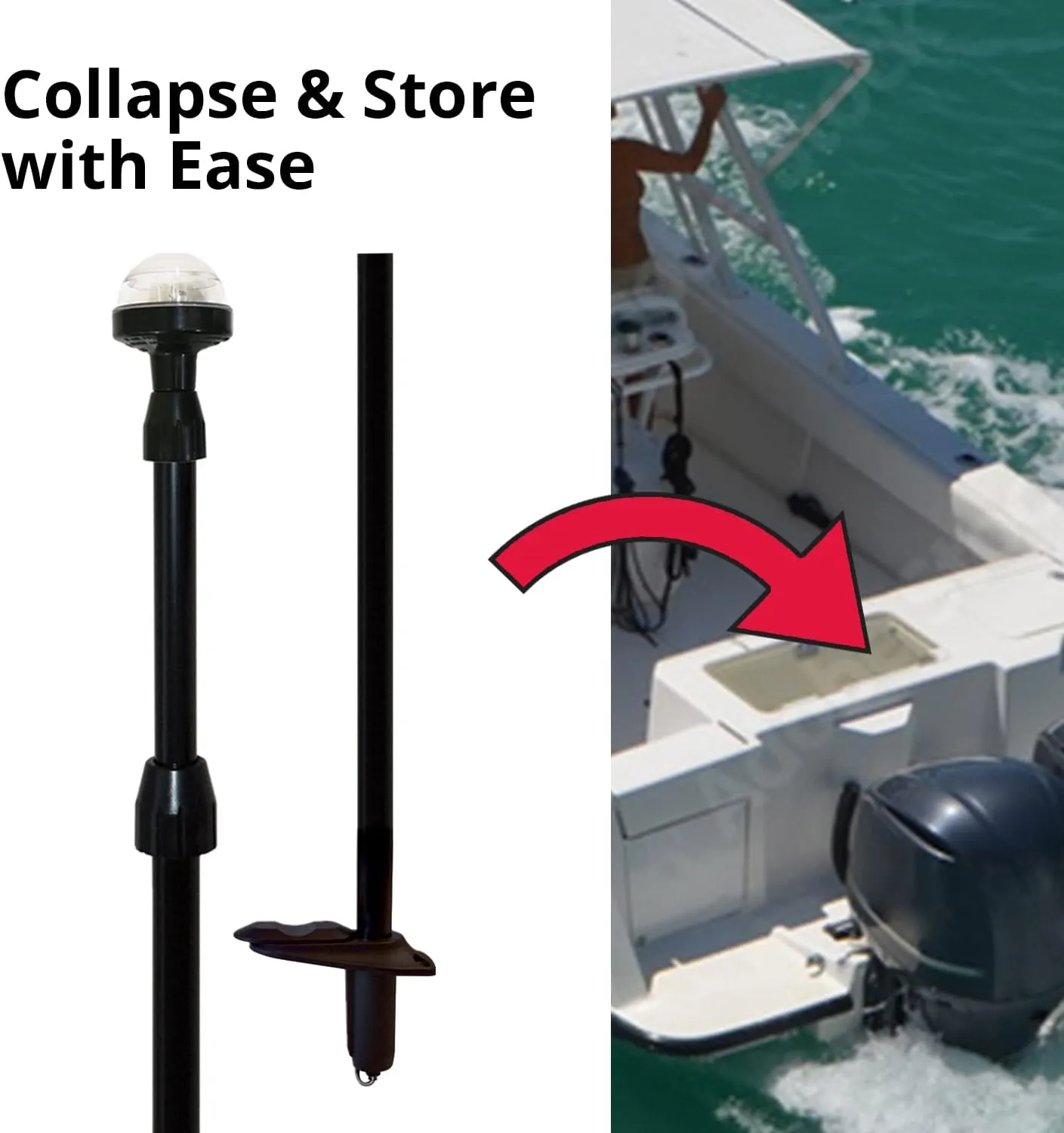 SeaSense Telescoping All-Round Stern Light - - 2 Nautical Mile Range - Adjustable, Stowable Chrome Light for Boats, Kayaks, Canoes & Pontoons up to 39 Feet - Meets USCG Requirements
