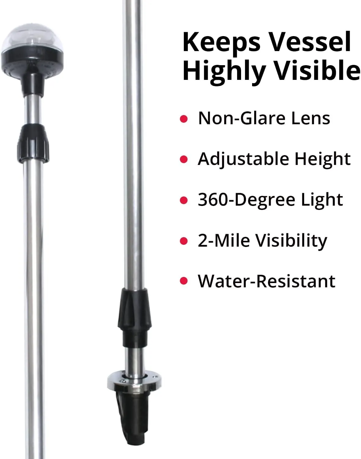 SeaSense Telescoping All-Round Stern Light - - 2 Nautical Mile Range - Adjustable, Stowable Chrome Light for Boats, Kayaks, Canoes & Pontoons up to 39 Feet - Meets USCG Requirements