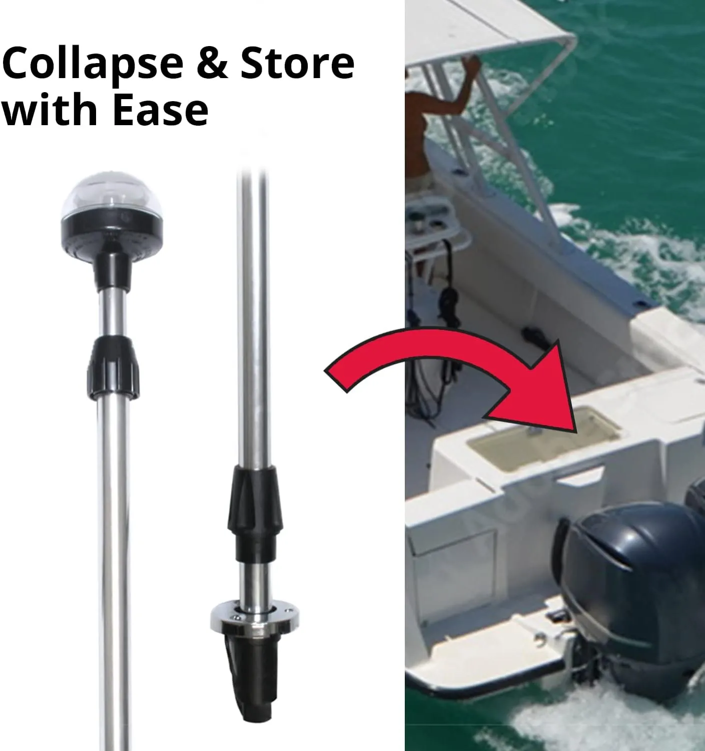 SeaSense Telescoping All-Round Stern Light - - 2 Nautical Mile Range - Adjustable, Stowable Chrome Light for Boats, Kayaks, Canoes & Pontoons up to 39 Feet - Meets USCG Requirements