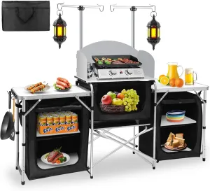 Seeutek Camping Kitchen Table Aluminum Portable Outdoor Cooking Table Foldable Camp Table with Windscreen and 3 Storage Cupboards Multifunctional for BBQ, Party and Outdoor Activities
