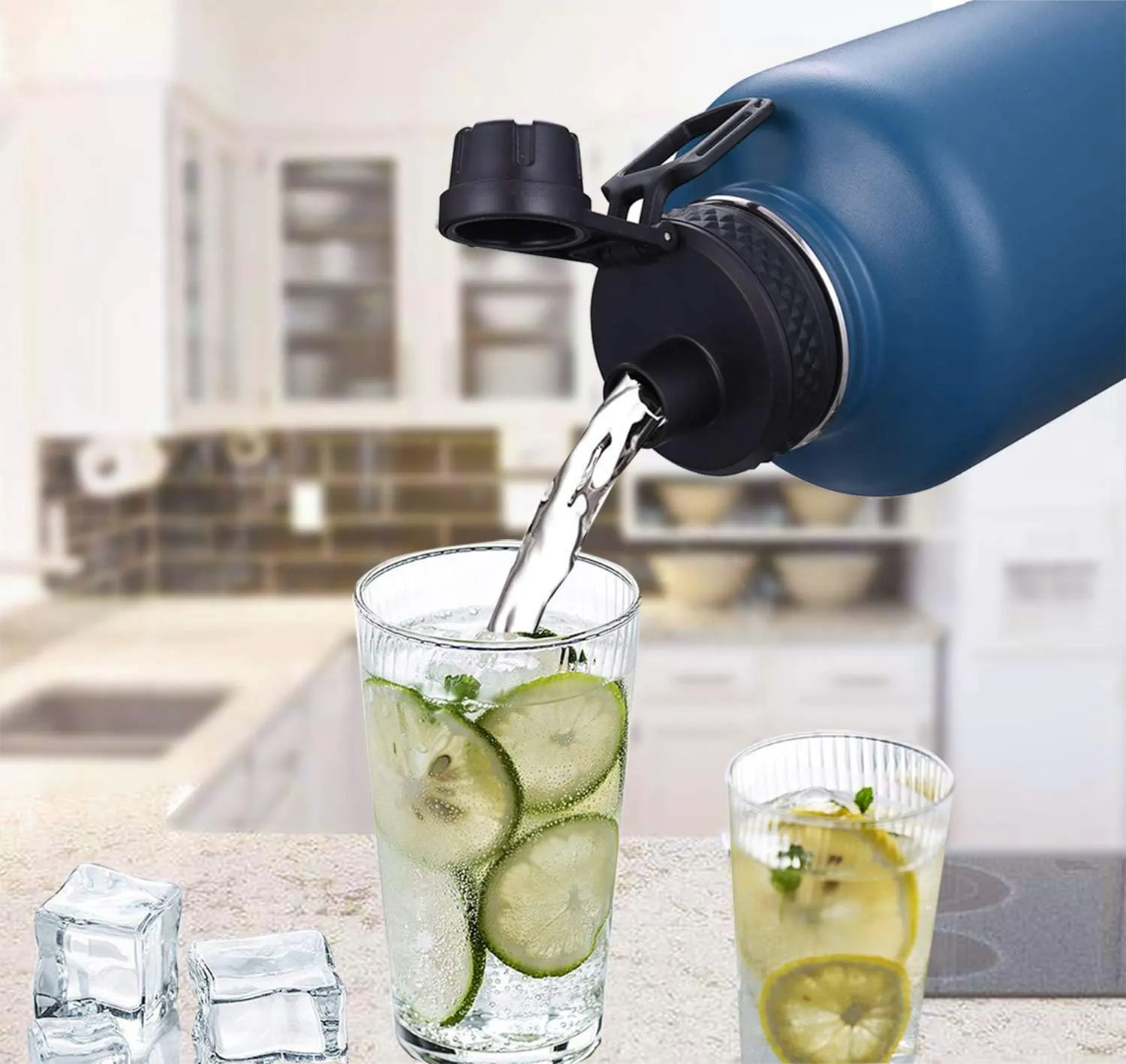 SENDESTAR 64 oz Water Bottle Double Wall Vacuum Insulated Leak Proof Stainless Steel Beer Growler  2 Lids—Wide Mouth with Flat Cap & Spout Lid Includes Water Bottle Pouch (White&Teal)
