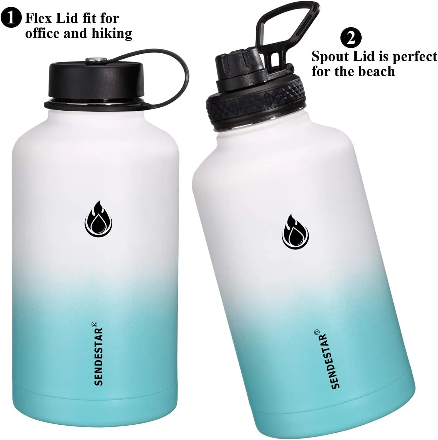 SENDESTAR 64 oz Water Bottle Double Wall Vacuum Insulated Leak Proof Stainless Steel Beer Growler  2 Lids—Wide Mouth with Flat Cap & Spout Lid Includes Water Bottle Pouch (White&Teal)