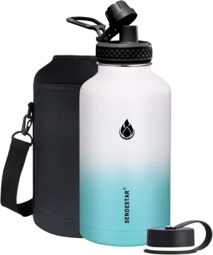 SENDESTAR 64 oz Water Bottle Double Wall Vacuum Insulated Leak Proof Stainless Steel Beer Growler  2 Lids—Wide Mouth with Flat Cap & Spout Lid Includes Water Bottle Pouch (White&Teal)