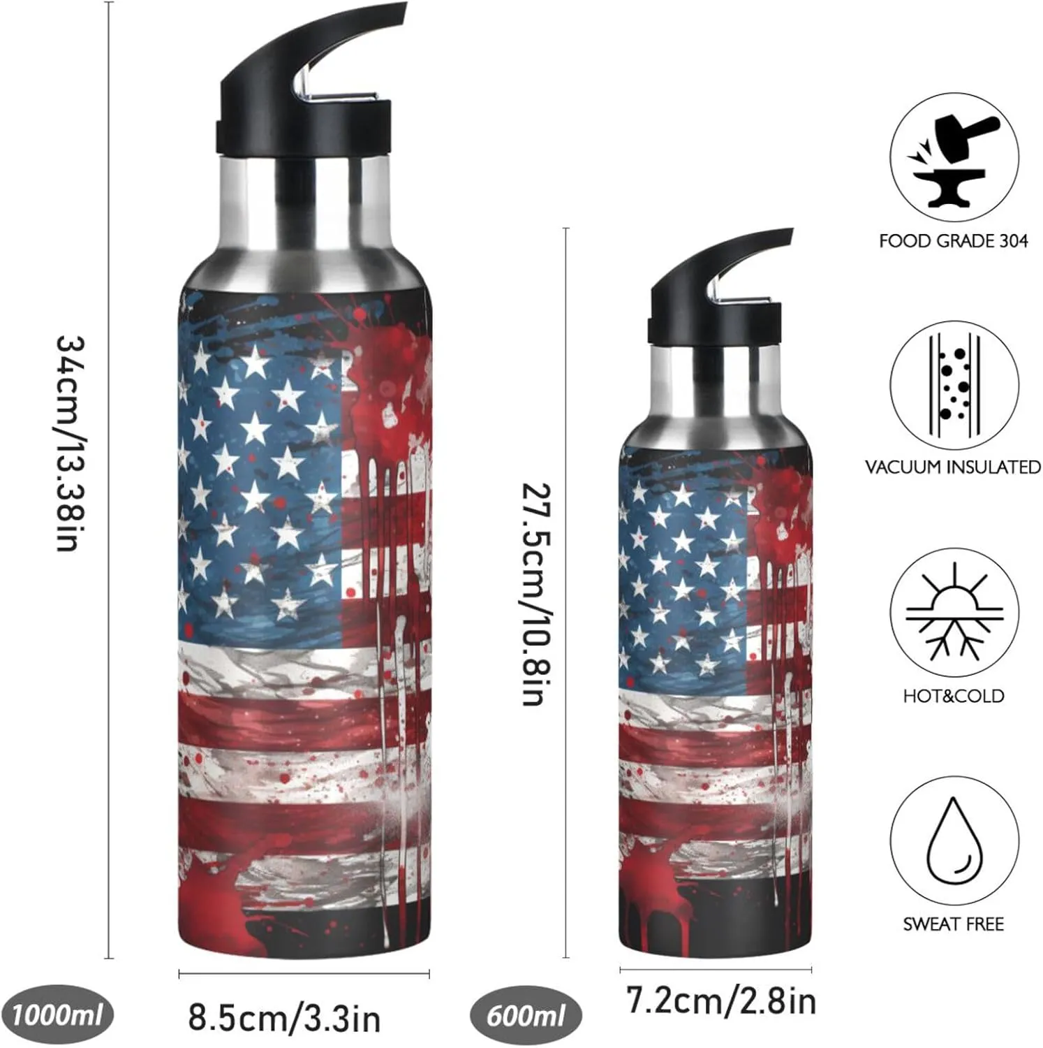 senya 20 Oz Water Bottle with Straw American Flag Print Stainless Steel Water Bottle for Traveling Sports Leakproof Insulated