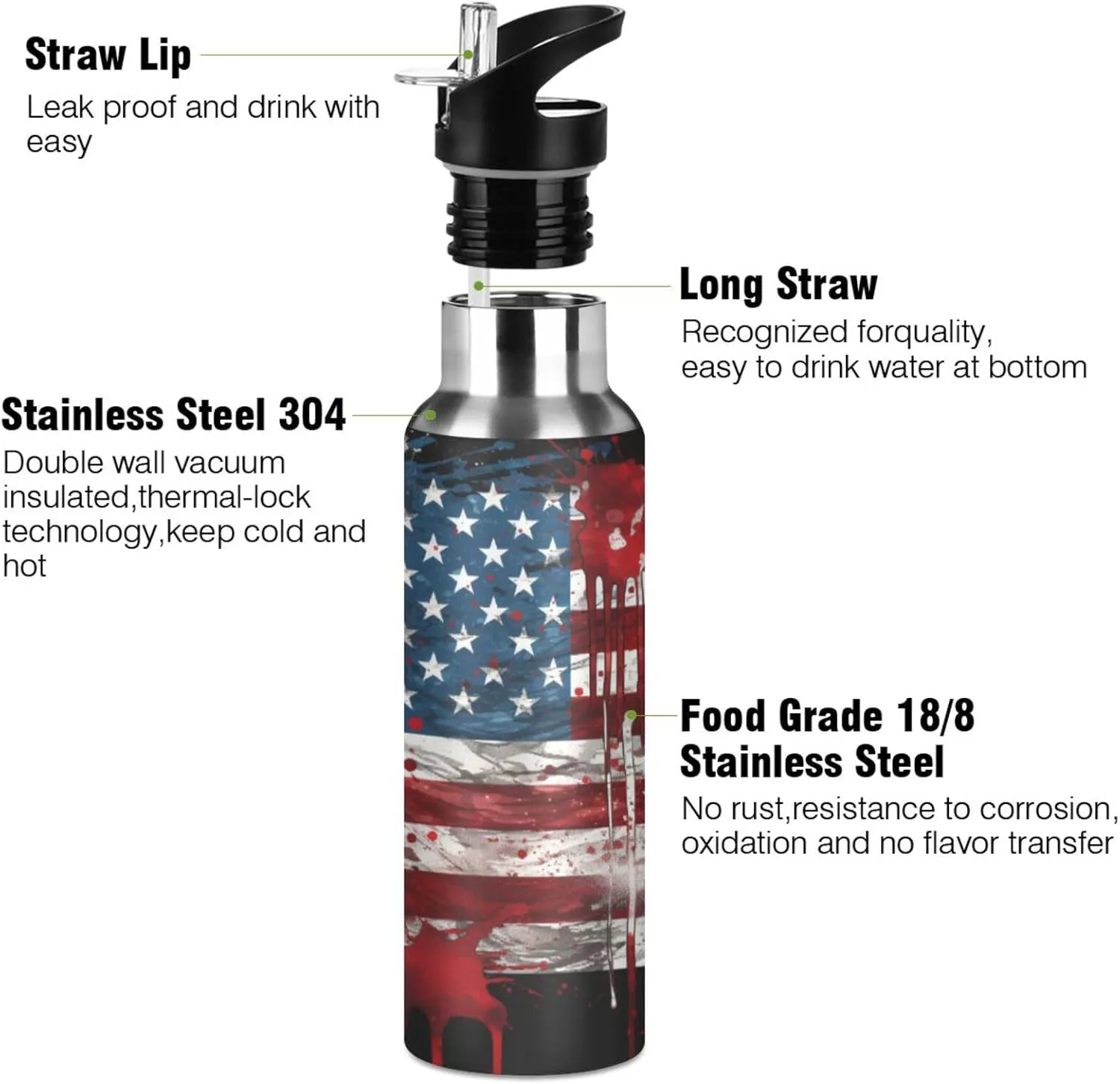 senya 20 Oz Water Bottle with Straw American Flag Print Stainless Steel Water Bottle for Traveling Sports Leakproof Insulated