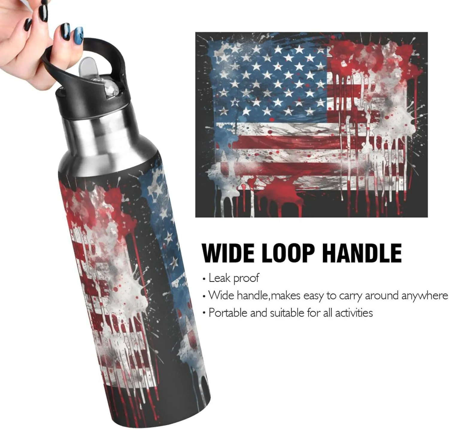senya 20 Oz Water Bottle with Straw American Flag Print Stainless Steel Water Bottle for Traveling Sports Leakproof Insulated