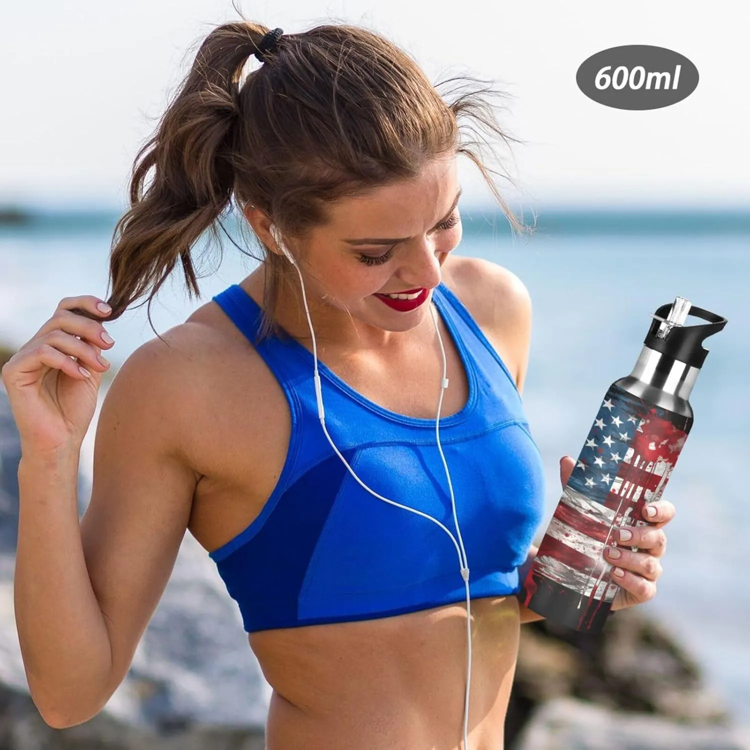 senya 20 Oz Water Bottle with Straw American Flag Print Stainless Steel Water Bottle for Traveling Sports Leakproof Insulated