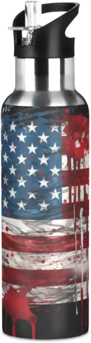 senya 20 Oz Water Bottle with Straw American Flag Print Stainless Steel Water Bottle for Traveling Sports Leakproof Insulated
