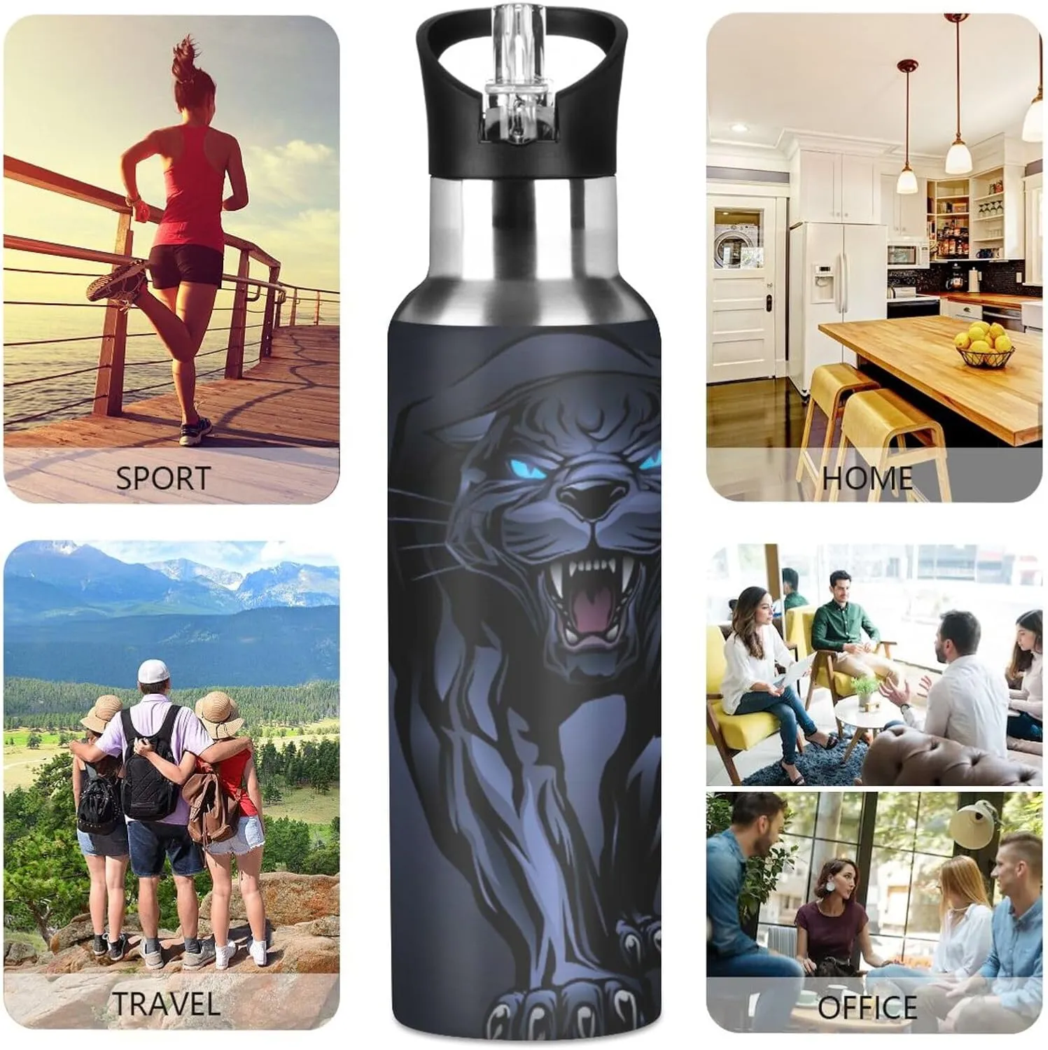 senya 20 Oz Water Bottle with Straw Roaring Panther Stainless Steel Water Bottle for Traveling Sports Leakproof Insulated
