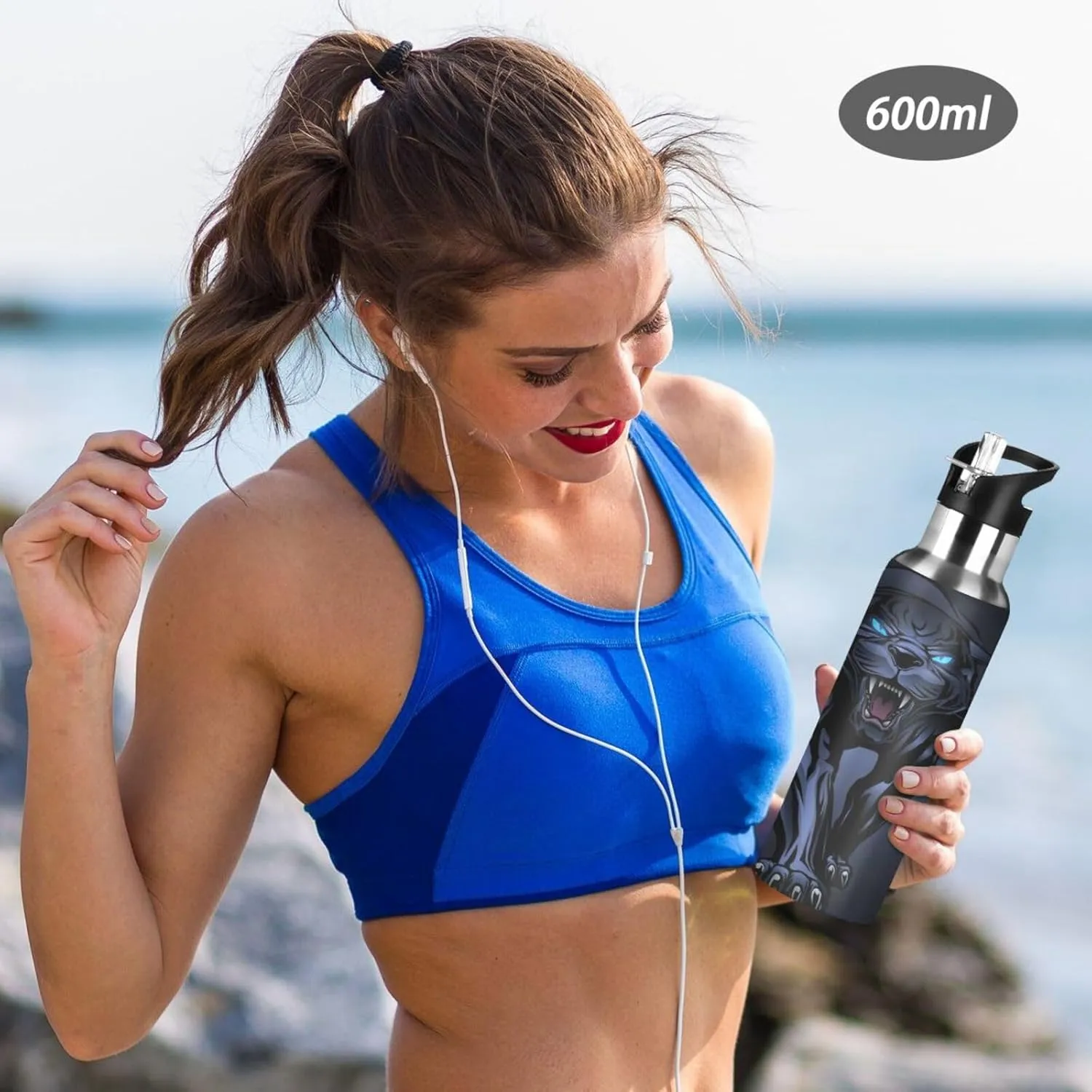 senya 20 Oz Water Bottle with Straw Roaring Panther Stainless Steel Water Bottle for Traveling Sports Leakproof Insulated